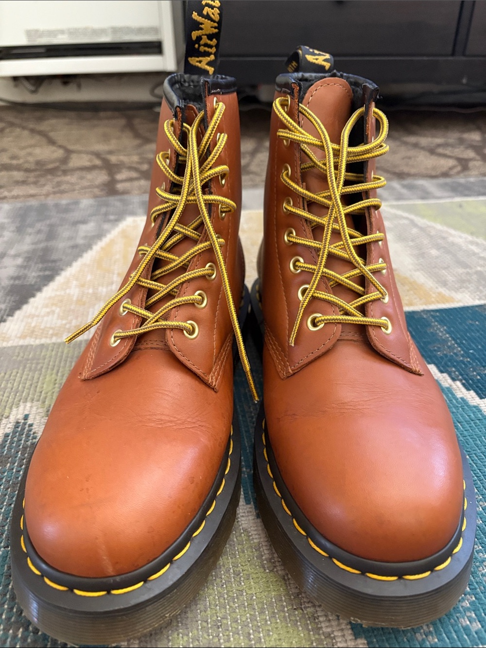 Dr. Martens Tan Leather 8-Eye Lace-Up Boots with Yellow Laces